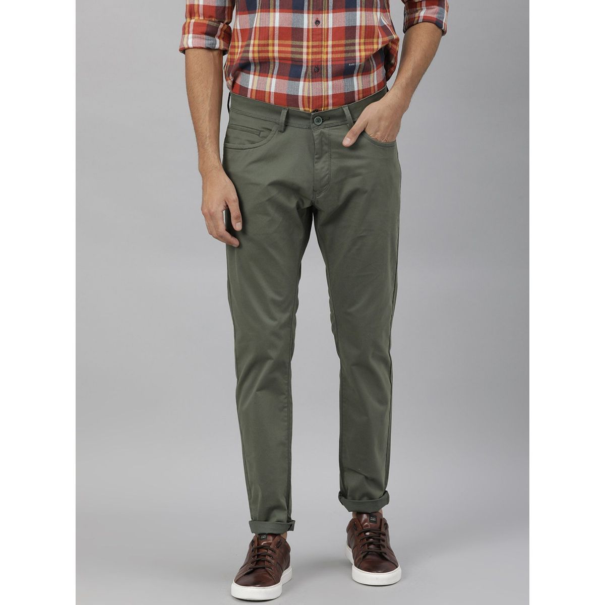 Buy RARE RABBIT Green Solid Cotton Slim Fit Men's Casual Trousers |  Shoppers Stop